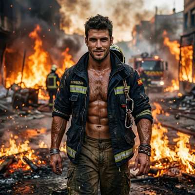 Braving flames with raw strength & unmatched confidence—this firefighter’s courage is as mesmerizing as his physique....