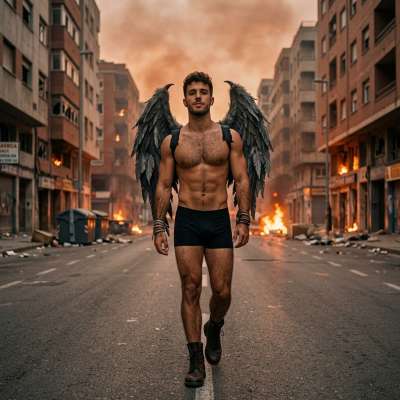 A fallen angel strides through the chaos—raw power, untamed beauty, and wings that command the sky. #malebeauty #street...