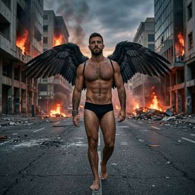 A fallen angel strides through chaos—raw power, untamed beauty, and wings that command the storm. #malebeauty #fairytale...