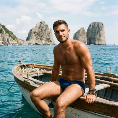 Sun-kissed shores of Capri meet this Adonis’ effortless charm—where the sea whispers secrets and every glance speaks...