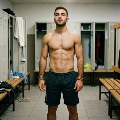 Confidence in every stride—raw strength & effortless charm in the locker room. 💪✨ #malebeauty #lockerroom #athlete