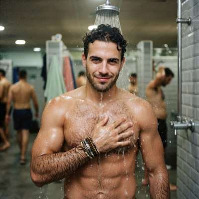 Confidence in every drop—nothing like the raw, sculpted beauty of a man embracing his strength under the shower’s embrace....