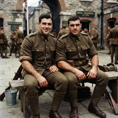 Two soldiers share a moment of warmth and brotherhood—timeless strength, undeniable charm. Beauty in every smile....