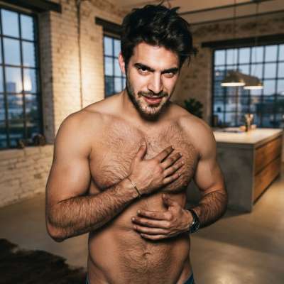 A beard-roughened jaw, chest hair dusted gold in the light, every line of him carved with quiet confidence. That watch on...